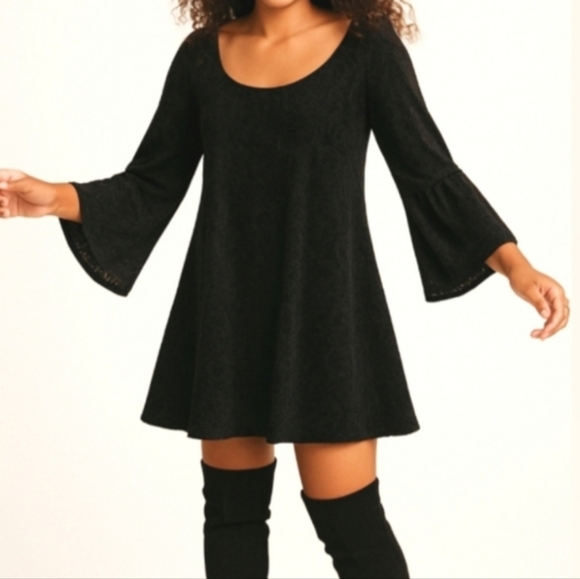 Velvet Black Jacquard Bell Sleeve Mini Dress Boho Retro Glam – Small - Picture 8 of 8